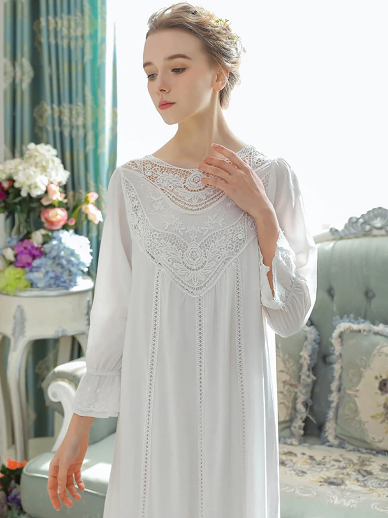 

Women Pure Cotton Ruffles V-Neck Vintage Nightgowns Robe Long Dress Victorian Romantic Princess Sleepwear Nightdress Homewear