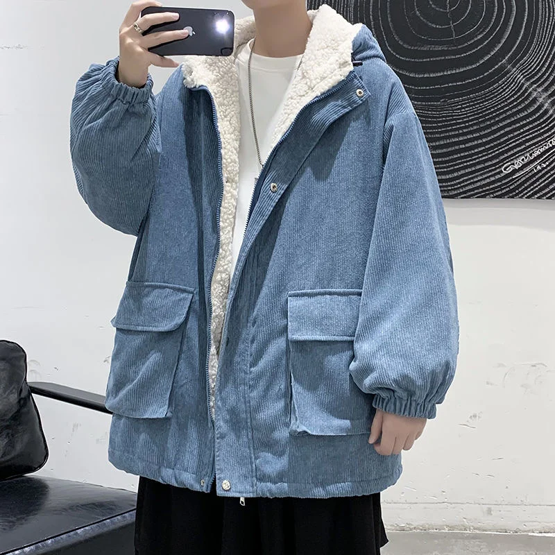 Winter Thick Jacket Men Warm Fashion 3 Colors Casual Hooded Coat Men Korean Loose Oversized Lamb Wool Jacket Mens Short Coat