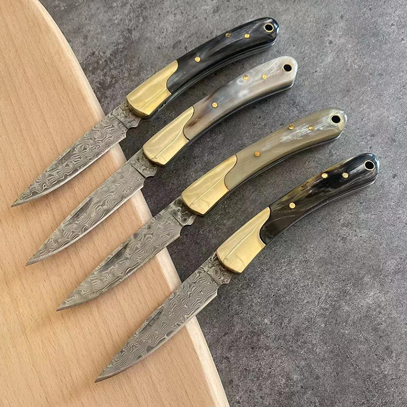 Карманный нож для выживания, острый дамасский нож ручной работы, складной нож, ручка из натурального коровьего рога, портативные походные ножи для фруктов, для повседневного использования Карманный нож для выживания, острый дамасский нож ручной работы, складной нож, ручка из натурального коровьего рога, портативные походные ножи для фруктов, для повседневного использования