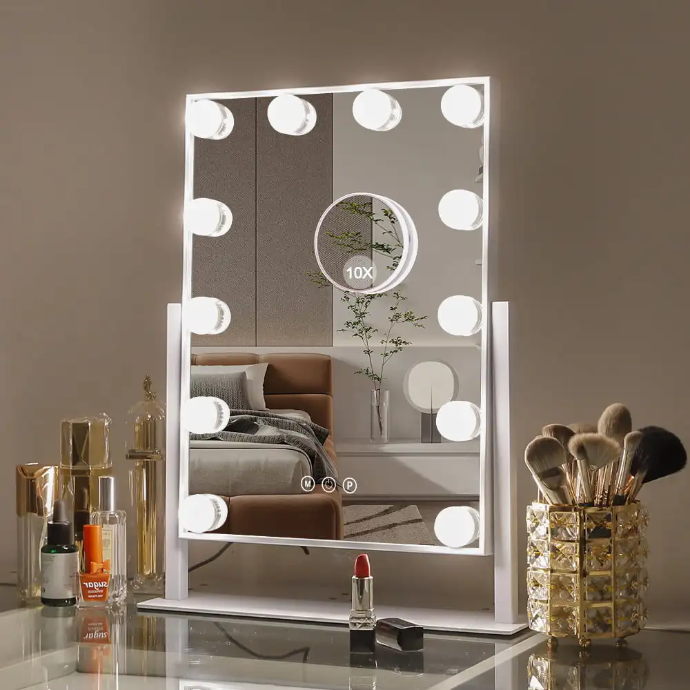 

Vanity Makeup Mirror with Lights Metal Tabletop White 14.5" x 18.5"