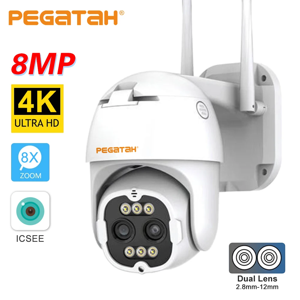 

Камера видеонаблюдения PEGATAH, 8 Мп, Wi-Fi, 4K, 8-кратный зум, 2,8 + 12 мм, HD IP-камера