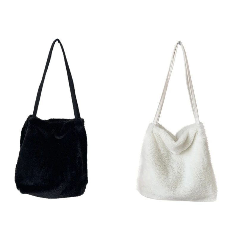 

2 Pcs Shopper Bag Plush Tote Shoulder Bags For Women Fluffy Female Handbag Fur Ladies Hand Shoppers Bag, Black & White