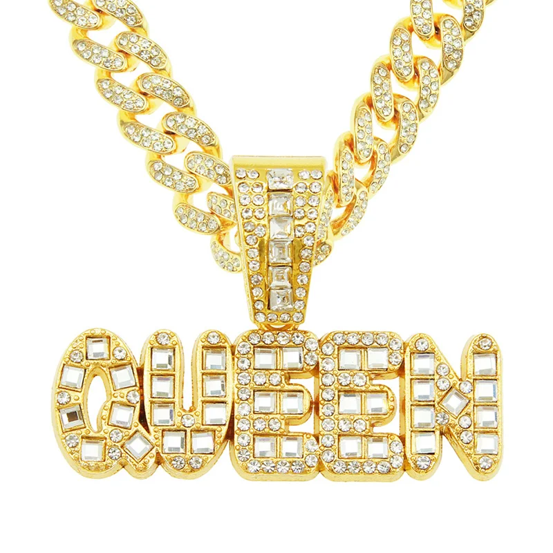 

Hip Hop Crystal Queen Pendant Necklace With Iced Out 13mm Miami Cuban Chain For Women French Cut Baguette Jewelry Drop Shipping