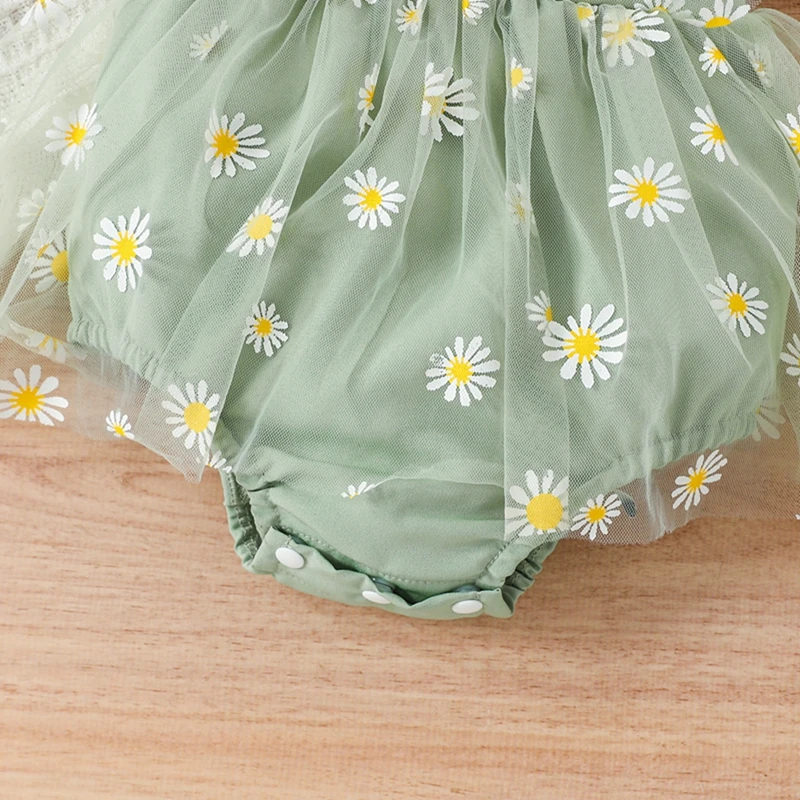 0-12M Newborn Baby Girl 2Pcs Summer Outfits Cute Ruffle Sleeve Daisy Print Romper Mesh Dress with Headband Clothes Set images - 6
