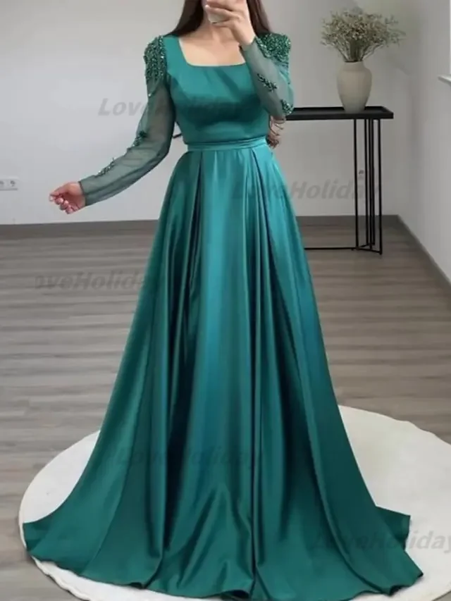 

Ball Gown Evening Gown Luxurious Formal Court Train Long Sleeve Square Neck With Slit Malachite Blue Robes De Soirée 2023