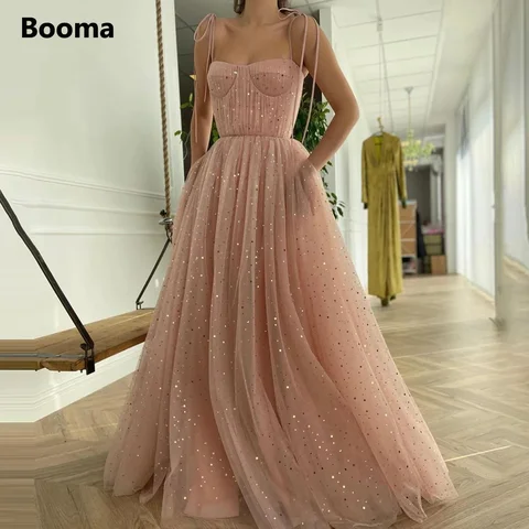 Booma Baby Pink Starry Tulle Prom Dresses Spaghetti Straps Pleated Long Prom Gowns with Pockets A-Line Wedding Party Dresses