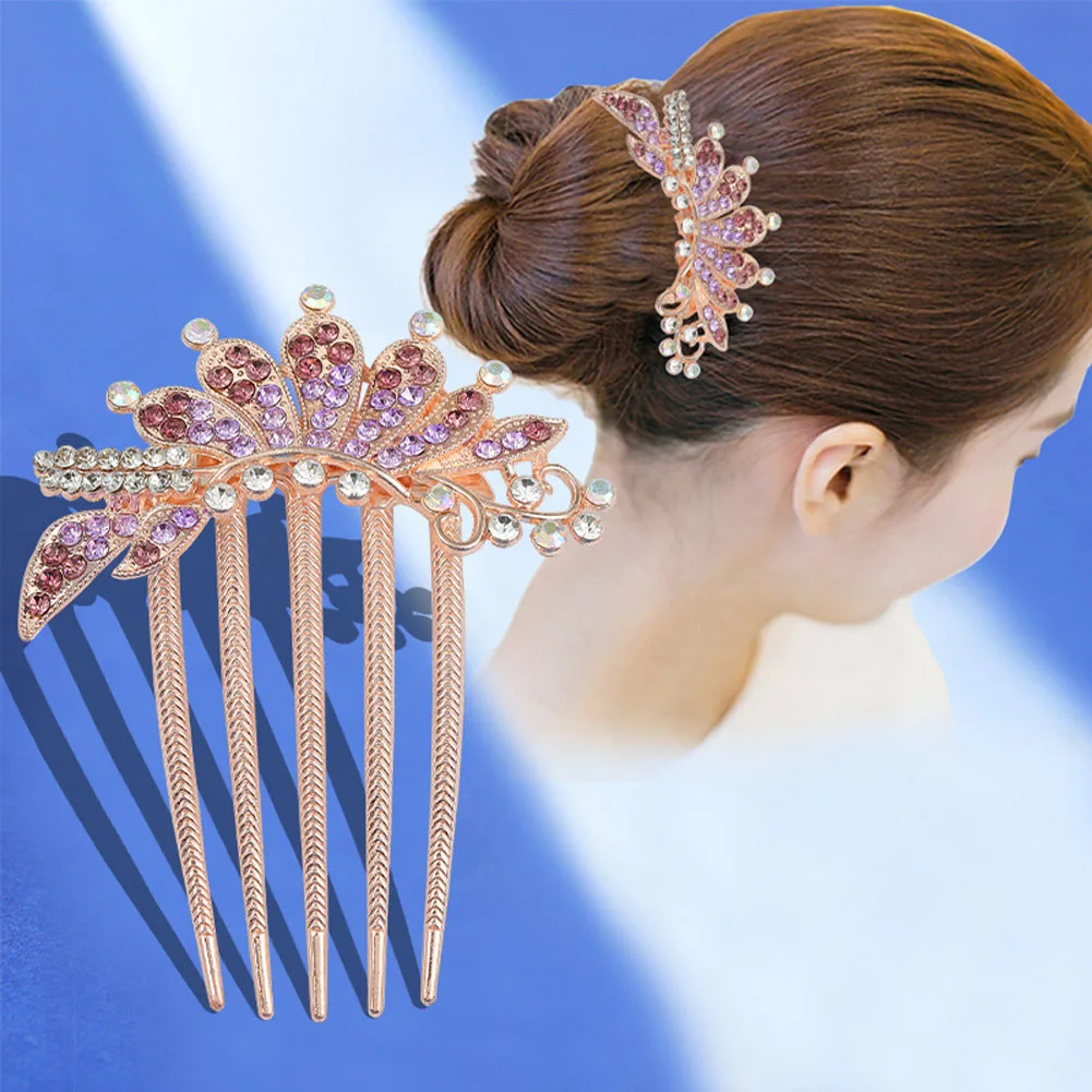 

Korean Style Rhinestone Hollow Out Flower Colorful Hair Ornament Adult Hair Fork Exquisite Five-tooth Comb Fashion Headdress