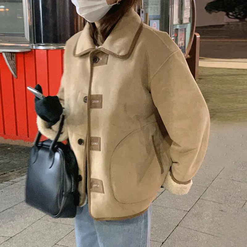 Fluffy Thicken Coat Female Korean Fashion Loose Lamb Fur Woman Turn Down Collar Long Sleeve Coats Women Single-breasted Top