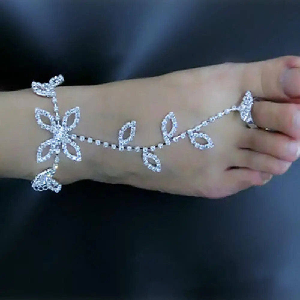 

Crystal Rhinestone Leaf Hand Harness Bracelet Slave Chain Link Foot Finger Ring