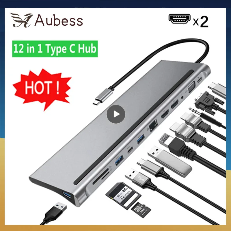 

12-in-1 Type-C Hub USB 3.0 Dual HDMI-compatible 4K RJ45 VGA USB 3.0 Cable Splitter Docking Station Adapter PC Laptop Accessories