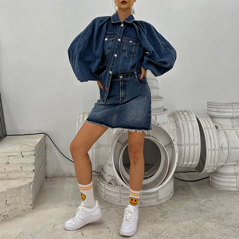 Personality Denim Suit 2022 Autumn Old Craft New Lapel Lantern Sleeve Jackets High Waist A Line Skirts Two Piece Female Fashion