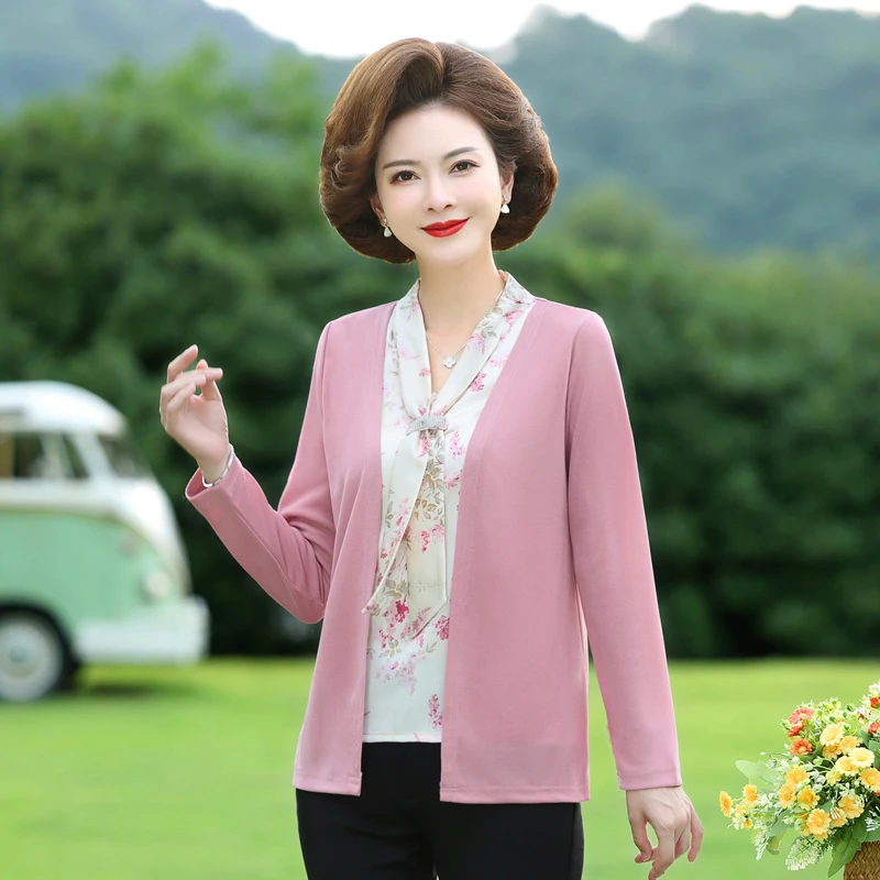 

Womens Tops Long Sleeve T-shirt Long Sleeve Spring Autumn New Middle-aged Mothers Fake Two Piece Chiffon Patchwork Shirts