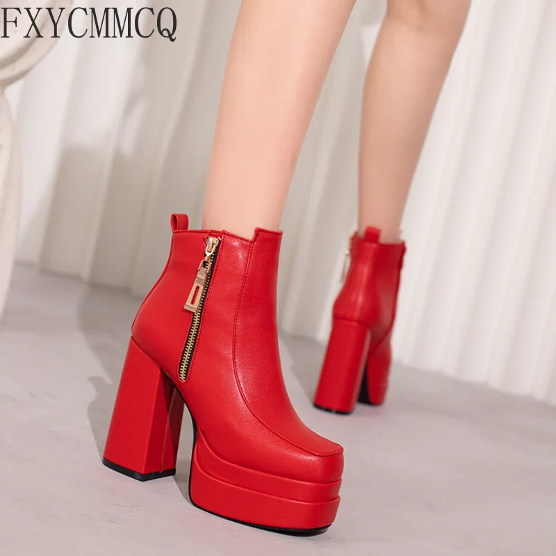 FXYCMMCQ 2022 Autumn and Winter Trendy Square Toe High-heeled Short Boots Temperament All-match Women's Boots 33-66