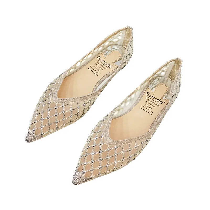 Womens Loafers 2023 Spring Summer Pointed Toe Flat Shoes Mesh Metal Designer Low Heel Casual Ladies Shoes