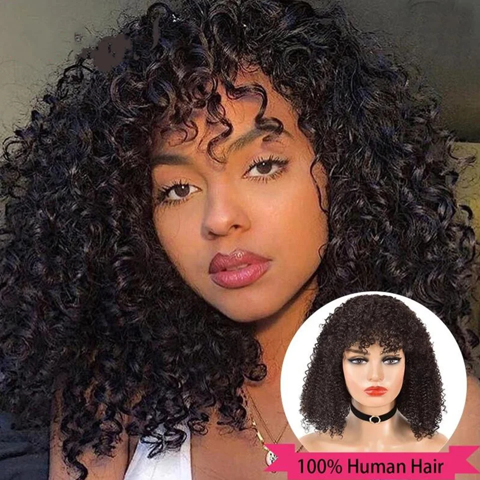 

Glueless Short Hair Afro Curly Wig With Bangs Natural Wigs For Black Women Mongolian 14 Inch High Density Full Machine Made Wig