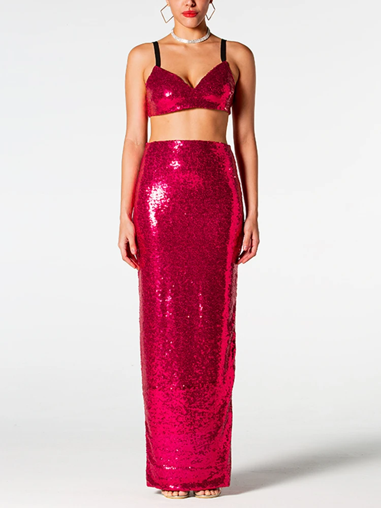 

BEVENCCEL 2023 новый летний женский красный короткий топ + длинная юбка с высокой талией сексуальный облегающий комплект из двух частей с блестками для вечеринок в стиле знаменитостей