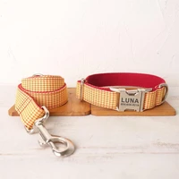personalized dog collar custom pet collar free engraving id name tag pet accessory orange red plaid puppy collar leash set