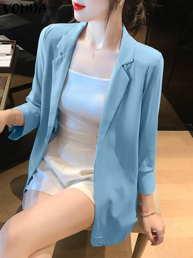

Женский офисный Блейзер VONDA в офисном стиле, элегантное однотонное пальто с рукавом 2023, Модный повседневный блейзер с воротником в уличном стиле, осень 3/4
