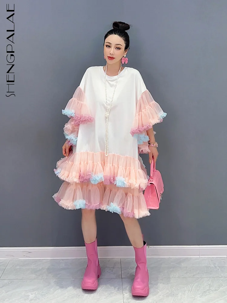 SHENGPALAE Colorful Mesh Spliced Dress For Women O-neck Butterfly Sleeve Ruffles A-line Irregular Vestido Summer 2023 New 5R4354