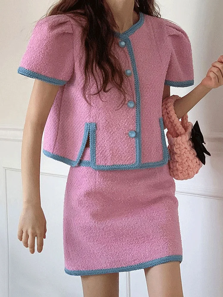

Korean Chic Skirts Set Women 2022 Summer Short Sleeve Tweed Jackets + High Waist Mini Skirt Ladies Elegant Outfits Office M298