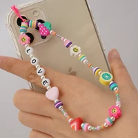 mobile black love heart chains cell phone case rope clay bead phone charm chain phone accessories jewelry keychain free shipping