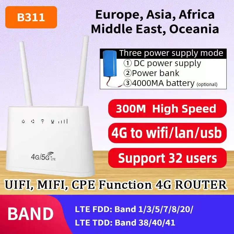 

B311 Europe Africa Asia Unlock 4000mAh Wireless CPE LTE Modem USB 4G Wifi Router with SIM Card Mobile Hotspot 32 Users RJ45 LAN