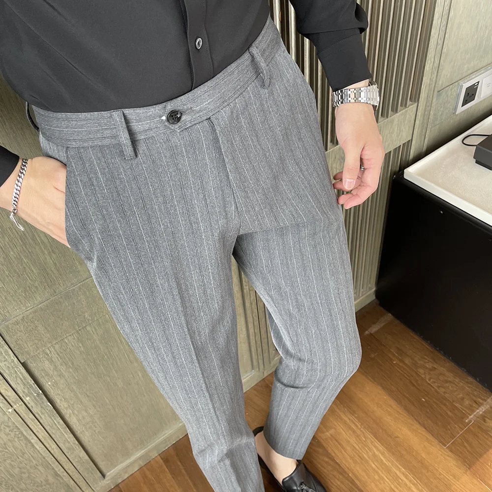 

2022 Striped Business Dress Pants Men Office Social Casual Slim Fit Suit Pants Streetwear Wedding Groom Trousers Pantalon Homme