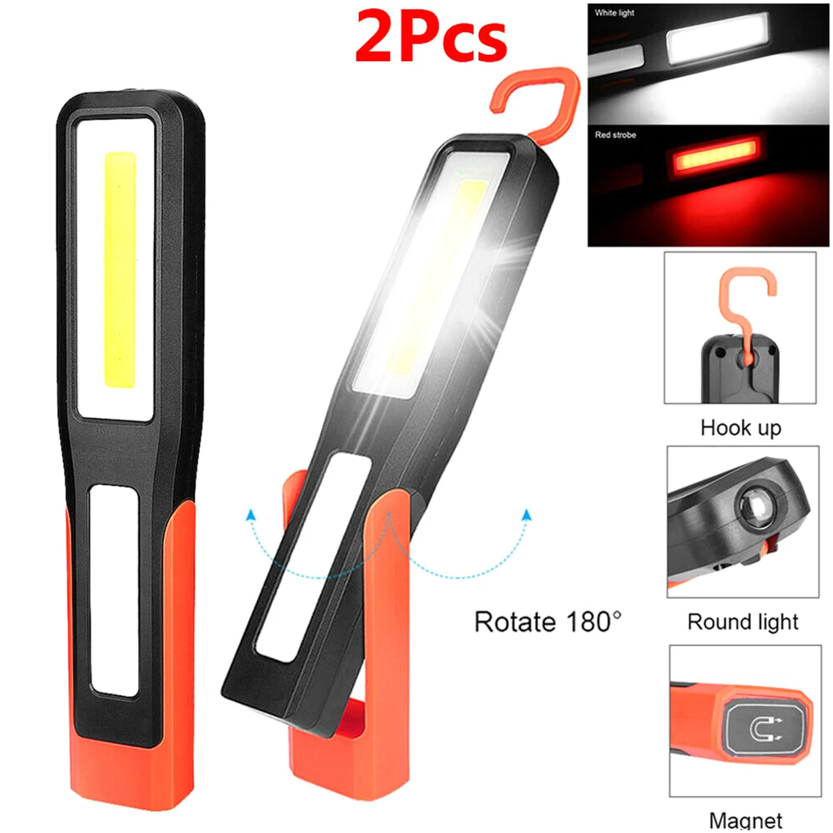 

2pcs COB Work Light LED Repairing Light USB Rechargeable Camping Light Torch with Hanging Magnetic for Car Repairing Fishing