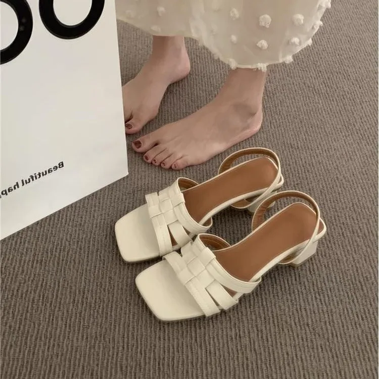 

2023 летние плетеные женские сандалии, модные туфли с открытым носком, женская элегантная модель, высокая яркость