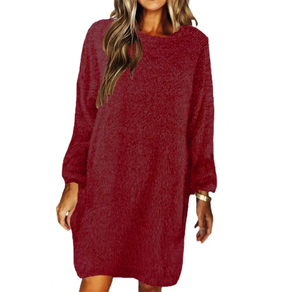 

Sweater Dress Plush Autumn Winter Loose Round Neck Long Sleeve Women Dress