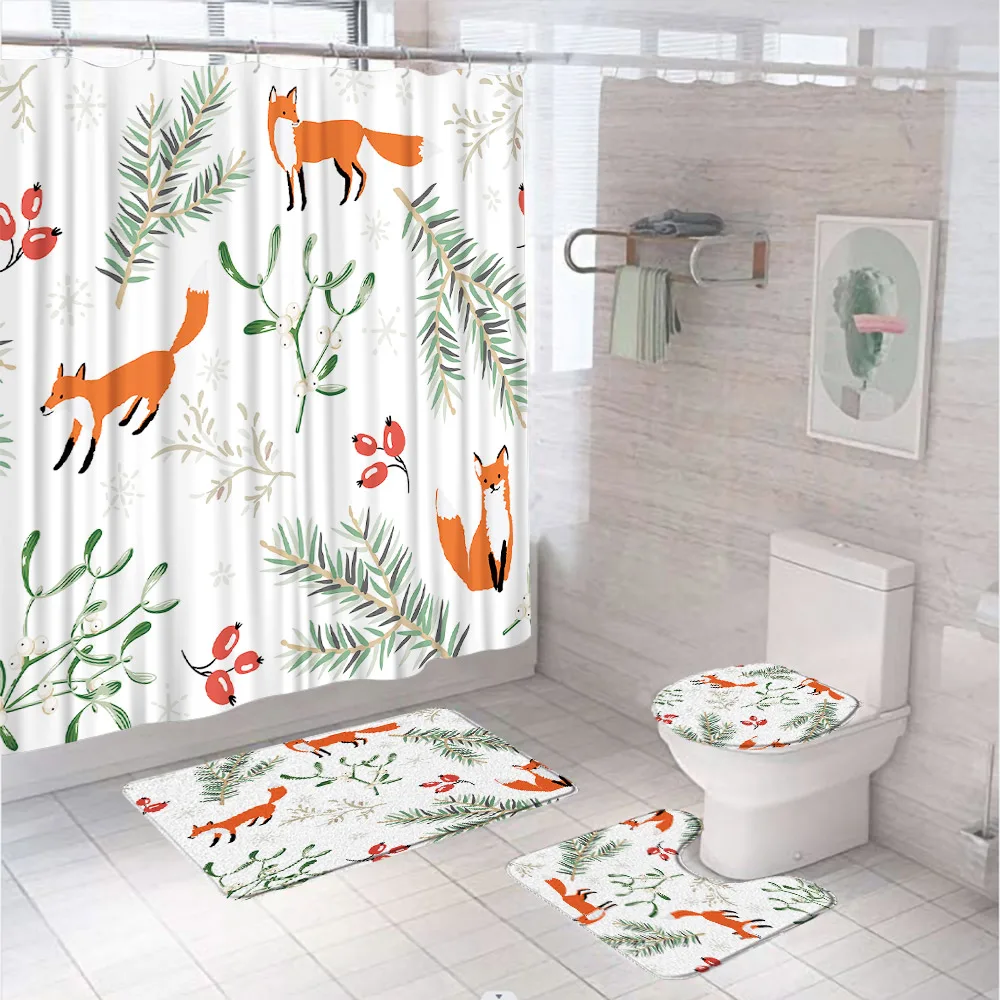

Cute Fox Shower Curtain Set Woodland Forest Leaves Animal Fabric Bathroom Curtains Screen Non-Slip Bath Mat Rug Lid Toilet Cover