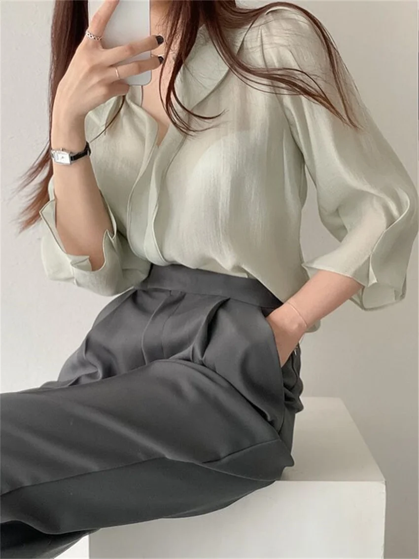 

HziriP Chic Summer Office Lady Shirts New Casual Solid Elegant 2022 Hot OL Work Wear Gentle Outwear All Match Loose Blusas