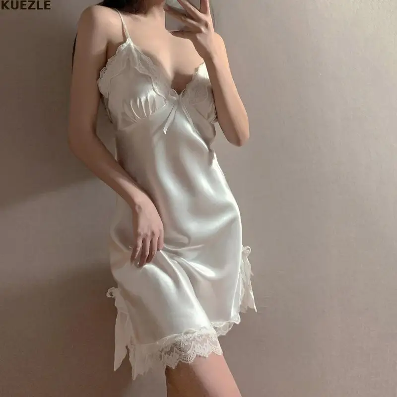 

pajamas Sexy Lace V Neck Lingerie Dresses Women Night Dress Satin Sleepwear Lace Up Sleepwear Sleeveless Night Gown Bathrobe