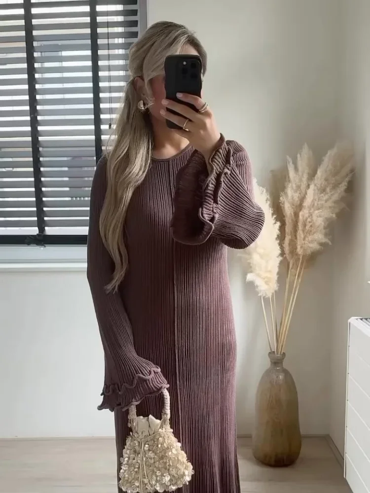 Женское трикотажное платье макси элегантное лоскутное длинное с оборками и