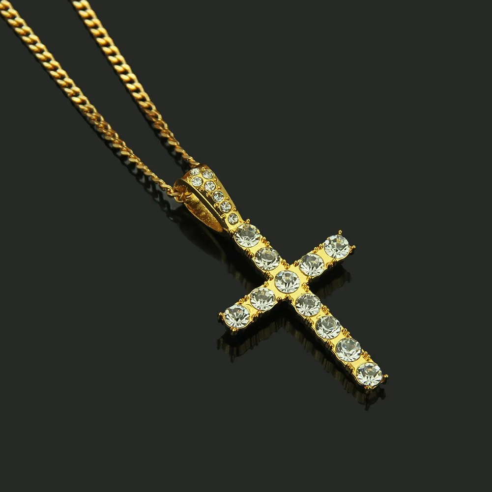 

Hiphop 5a Cz Stones Bling Ice Out Cross Pendant Necklace Gold Silver Color Steel Miami Cuban Link Chain Choker Jewelry Men Women