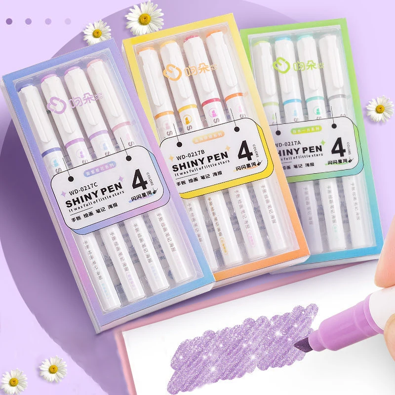 

4pcs Glitter Highlighters Students Draw Doodle Pens Colorful Shiny Pens Note Textbook Marker Kawaii Stationery for School Office