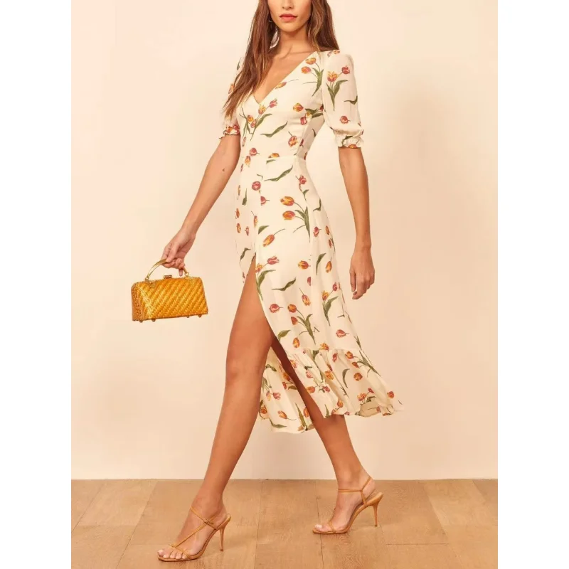 2023 Summer High Quality Fashion Women Beach Style Print A-LINE V-Neck Split Asymmetrical Lantern Sleeve Mid-Calf Dress