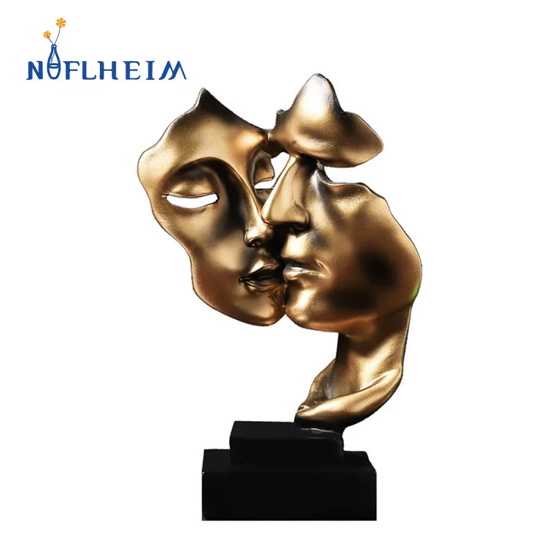 

NIFLHEIMResin Statue Kiss Couple Mask Interior Home Decor Nordic Golden Abstract Sculpture Crafts Office Living Room Desktop