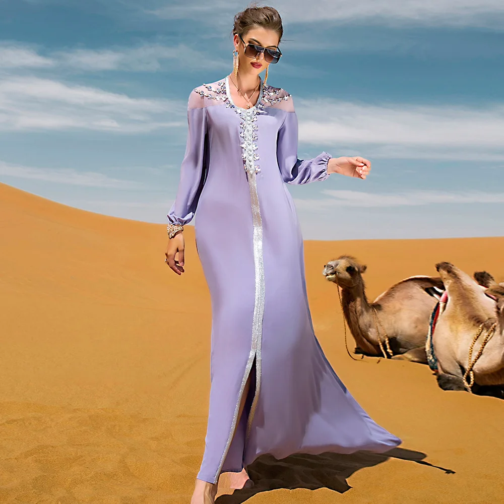 Mesh Bead Abaya With Belt 2022 V Neck Vintage Moroccan Caftan Muslim Evening Long Dress Kaftan Dubai Abaya Turkey Femme Arabic