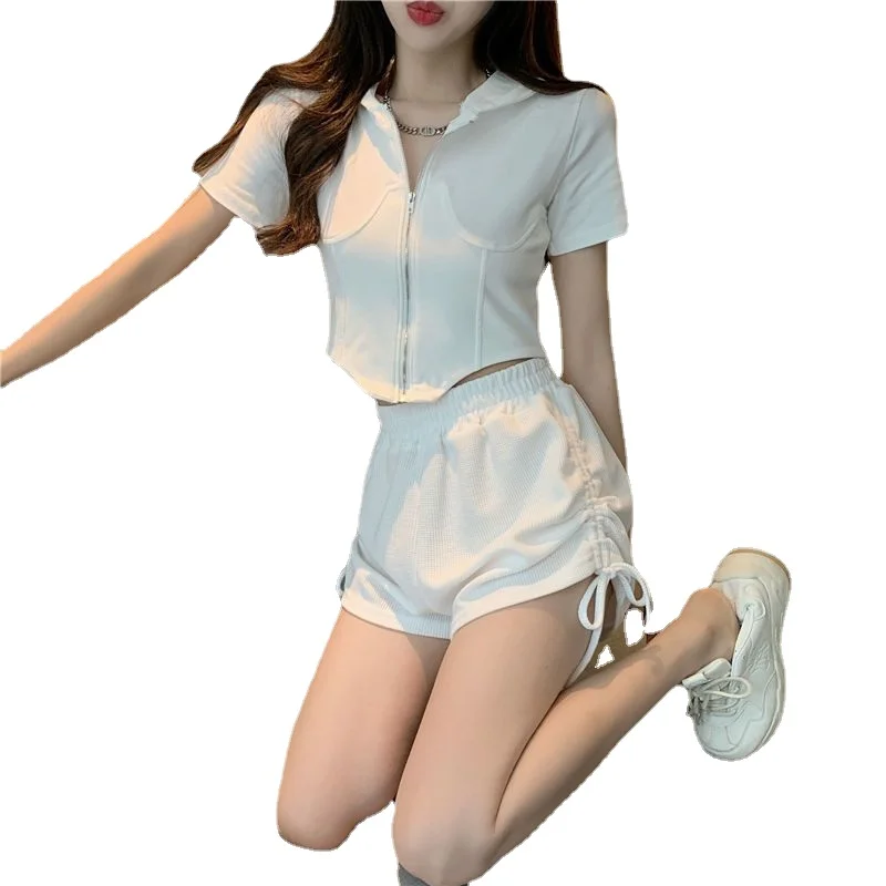 

Small Casual Fashion Women's Summer Pure Desire Slim Fit Hood Top Drawstring Shorts Two-Piece Set