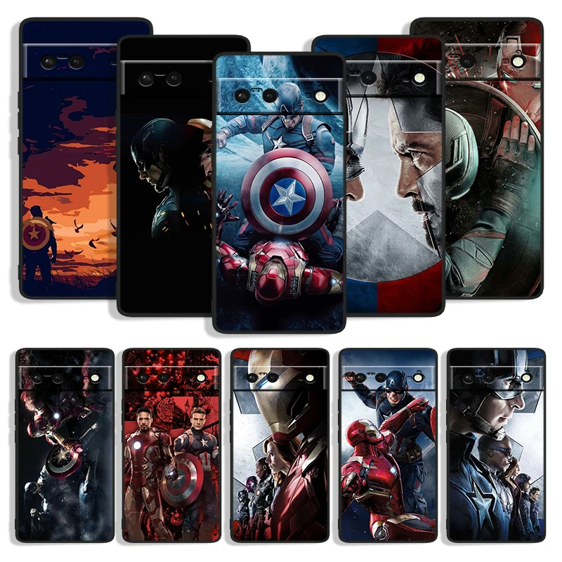 

Marvel Captain America Iron Man Shockproof Phone Cover for Google Pixel 7 6a 6 5a 5 4 4A XL 5G Black Case Soft Fundas Coque
