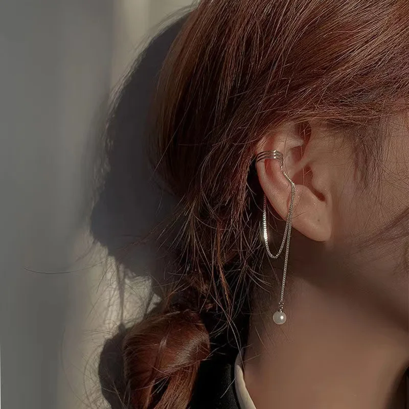 

Pearl Chain Tassel Ear Clip Female Long Multiple Laps Personalized Trend Design Wild Earrings for Women Fashion Jewerly Gift