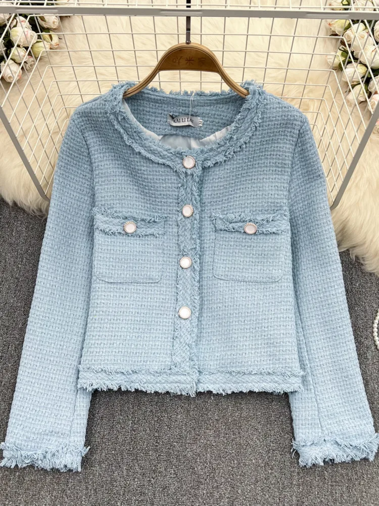

High Quality Fashionable Small Fragrance Tweed Jacket Coat Women Autumn Winter Korean Casual Weave Outwear Tops Casaco Feminino
