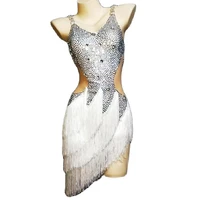 latin dancing dresses silver sparkling rhinestones tassel dress mesh gauze show waist stage wear lady party evening costume
