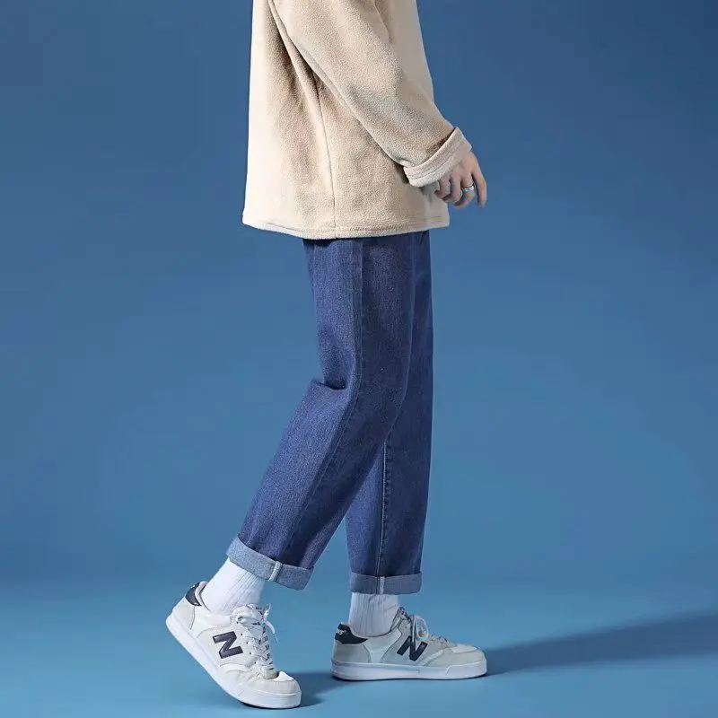 2023 New Spring and Summer Solid Color Tide Brand Men's Cargo Jeans Loose Light Blue Wide Leg Straight Trousers Pants