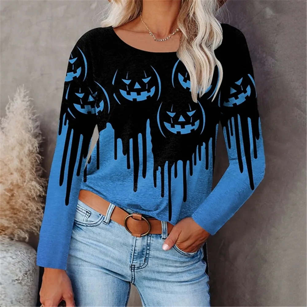 

Liquid Pumpkin 3D Printed Women Tshirt Elegant Long-Sleeved 2022 New Fall Spring Everyday Street Trend O Neck Trend Pullover Tee