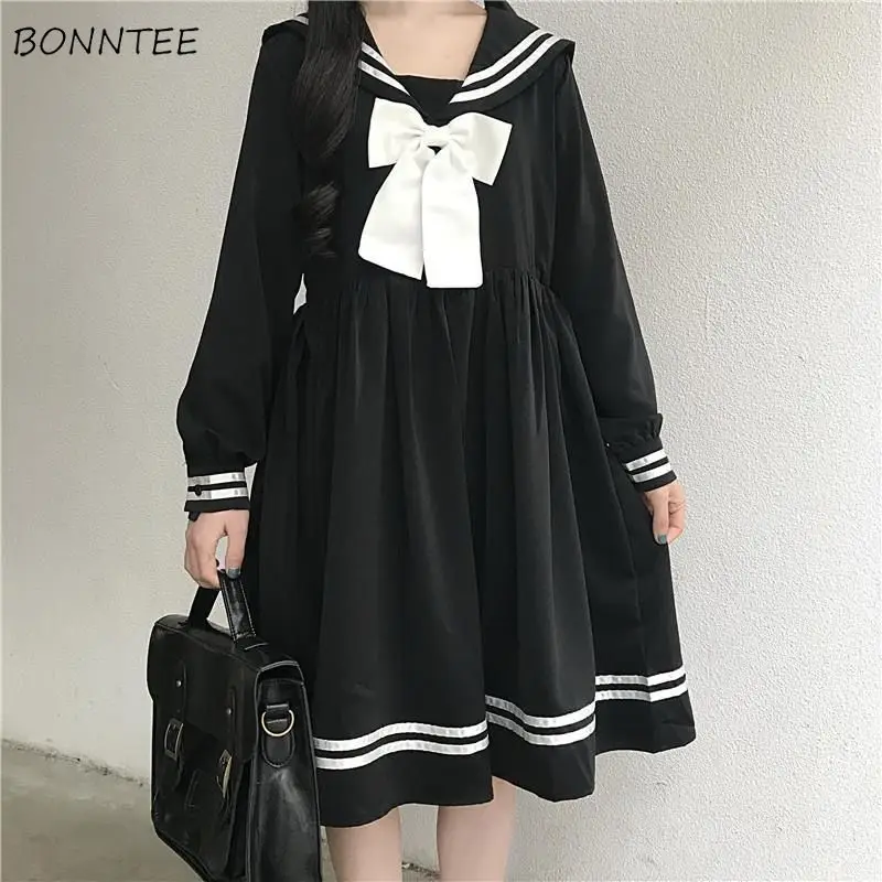 

Mini Dresses Women Students Simple Loose Preppy Design Japanese Style Stylish Sweet Peter Pan Collar Basics Autumn Long Sleeve