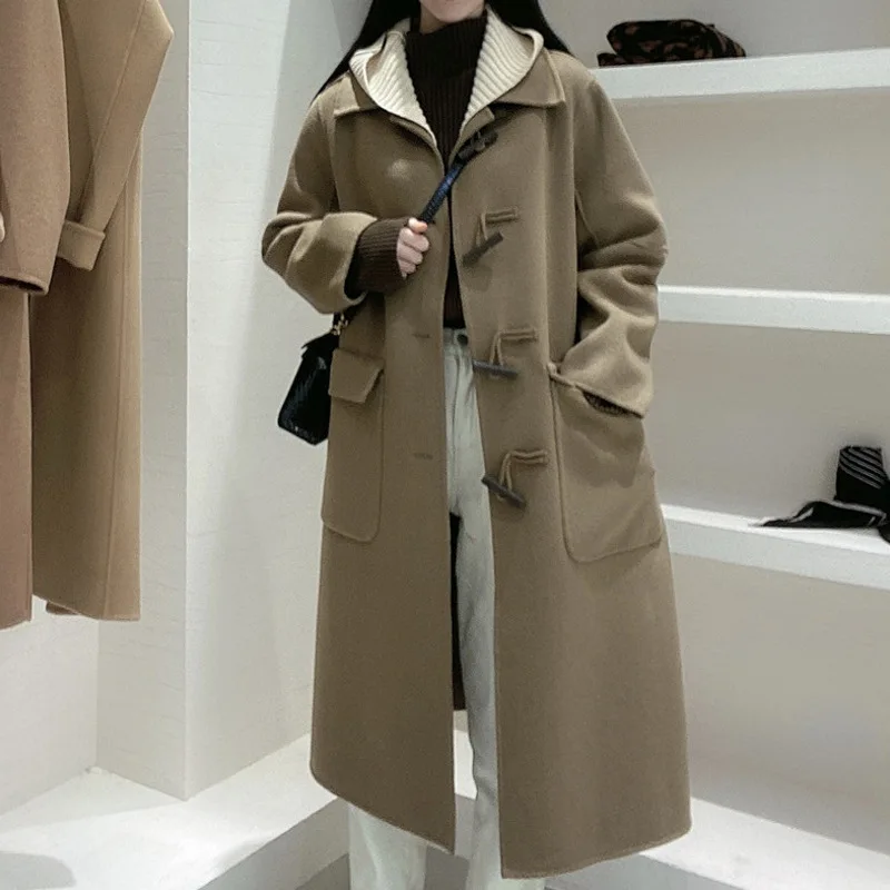 

Horn Button Solid Color Double-Sided Wool Overcoat Female 2022 Autumn And Winter New Small Preppy Style Double-Sided Woolen Coat
