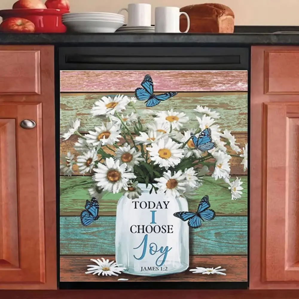 

Kitchen Decor Dishwasher Cover Daisy Magnet Decal,Butterfly Refrigerator Magnetic,Today I Choose Joy Sticker Flower Vase Dishwas