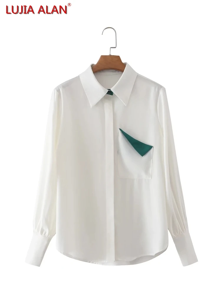 

Women Chic Single Pocket White Shirt Summer Female Long Sleeve Blouse Smock Loose Tops Blusas LUJIA ALAN B057